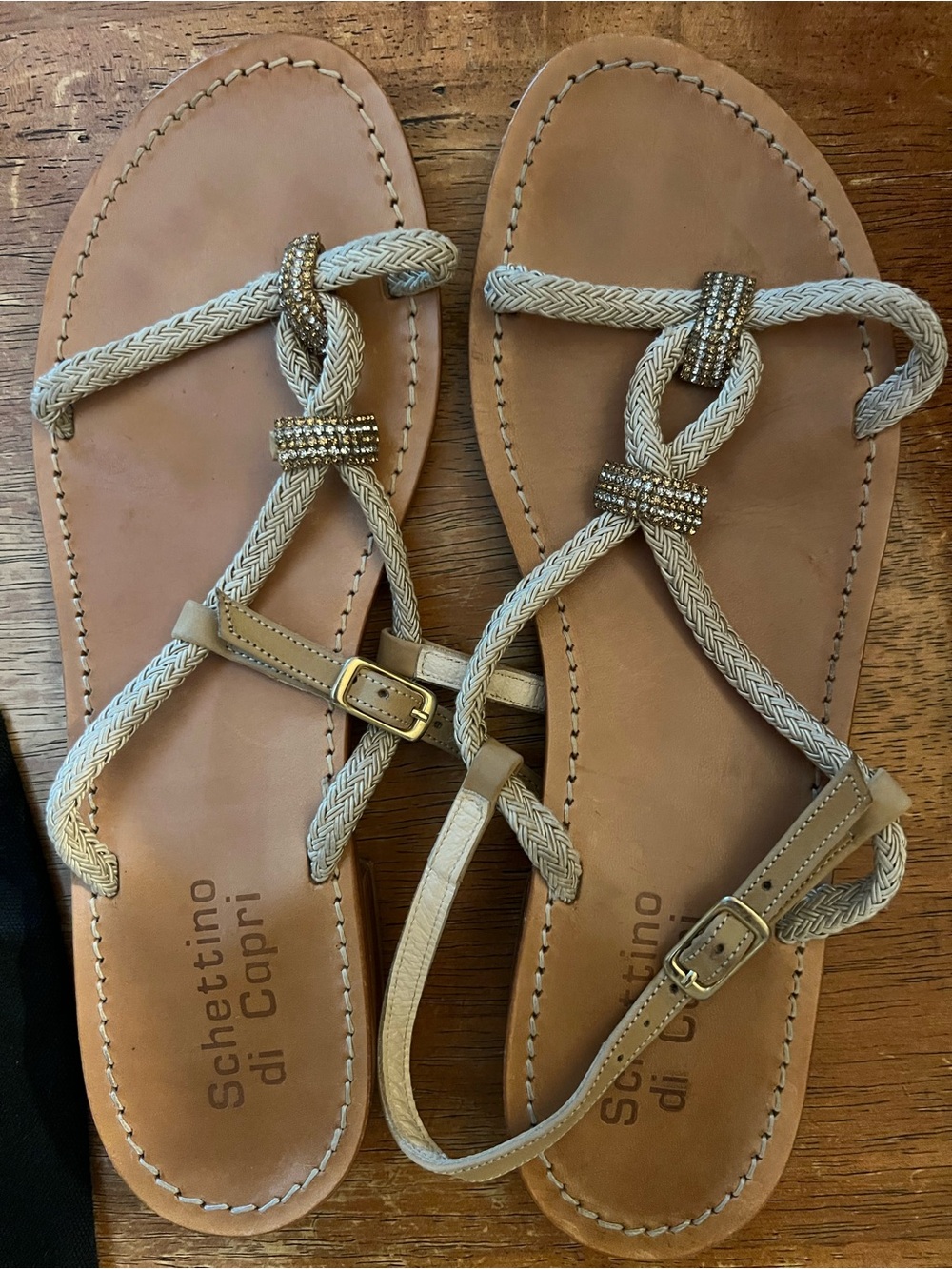 Schet­tino di Capri Tan Braided Rope Sandals with Crystal Accent